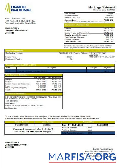 Blank Costa Rica Banco Nacional bank mortgage statement scr sample